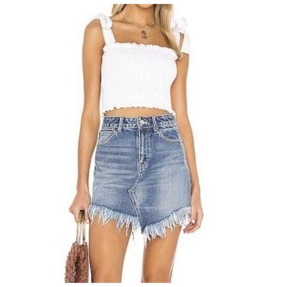 Free People We The Free Bailey Fringe Denim Skirt Size 28 Blue - Picture 1 of 10